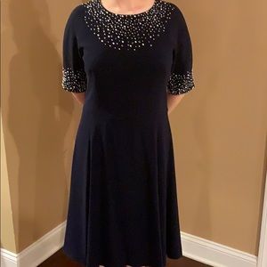 Teri Jon Navy Jeweled collar a-line dress